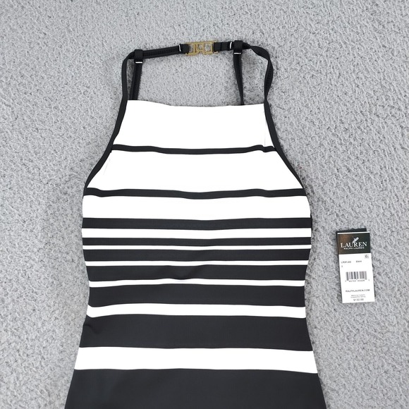 Lauren Ralph Lauren Swimsuit Womens 2 Black One Piece Gradient Stripe High Neck - Picture 3 of 14